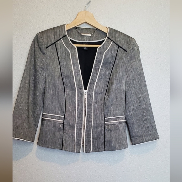 WHBM Linen Blend Gray White Black Structured Cropped Fitted Blazer Jacket Size 4 - Picture 5 of 11